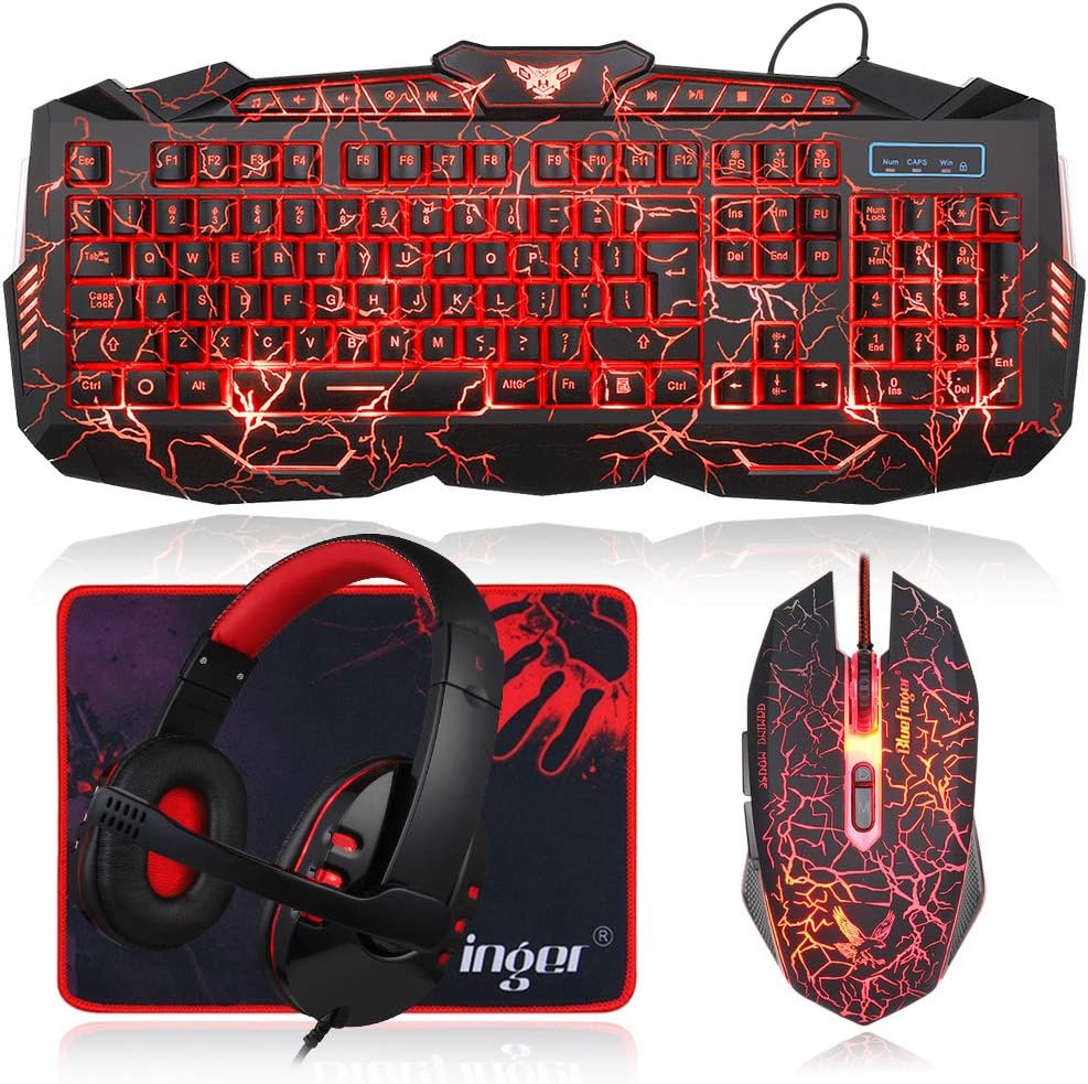 BlueFinger Gaming Keyboard Mouse Headset Combo,USB Wired Crack Backlit Keyboard,114 Keys Letters Glow LED Keyboard