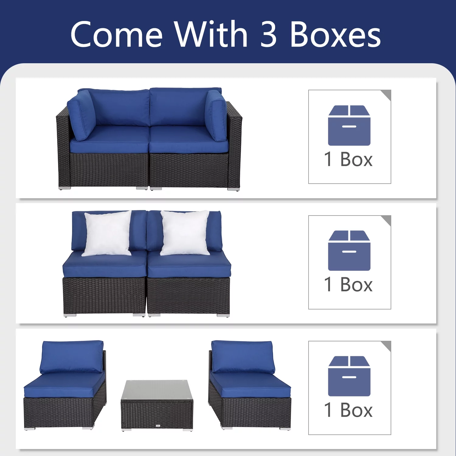Kinbor 7pcs Outdoor Patio Rattan Wicker Furniture Sectional Sofa Set with Dark Blue Cushions