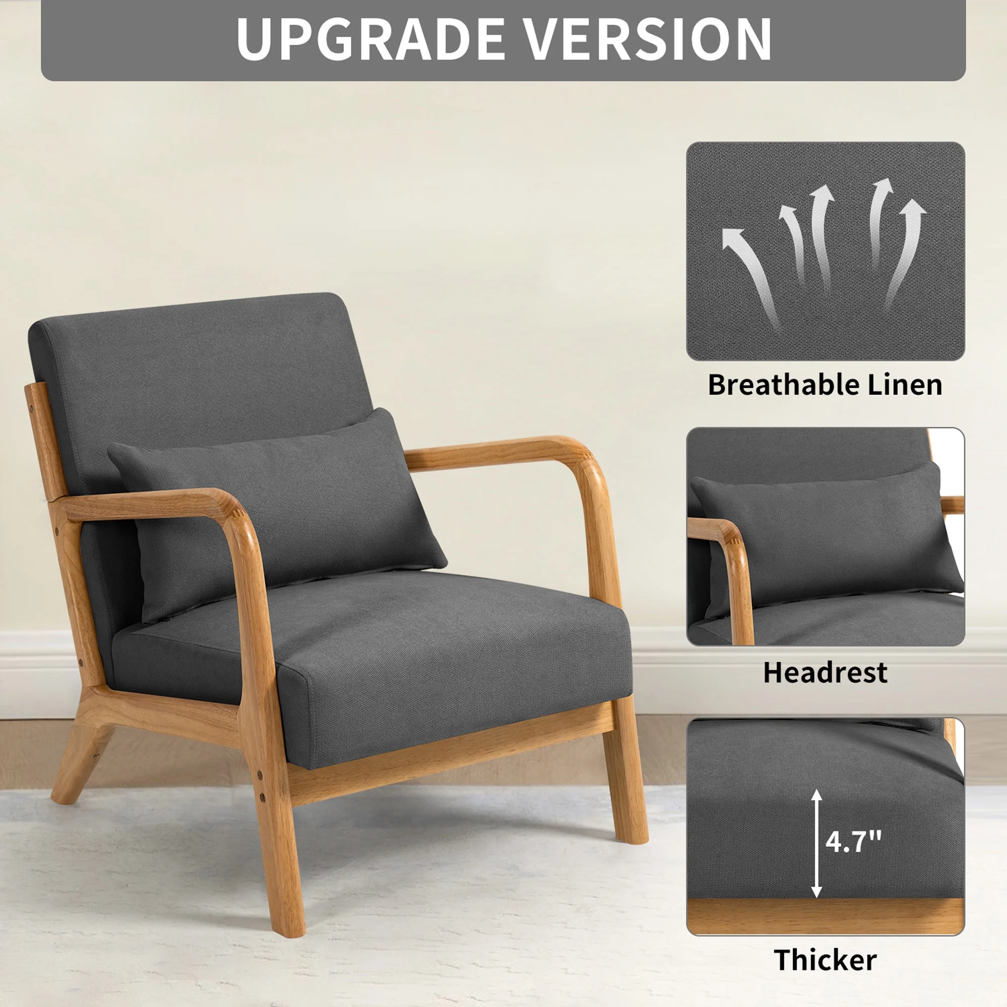 BIGWOO Leisure Sofa with Solid Wood Armrest Modern Chair, Single Seat Dark Gray