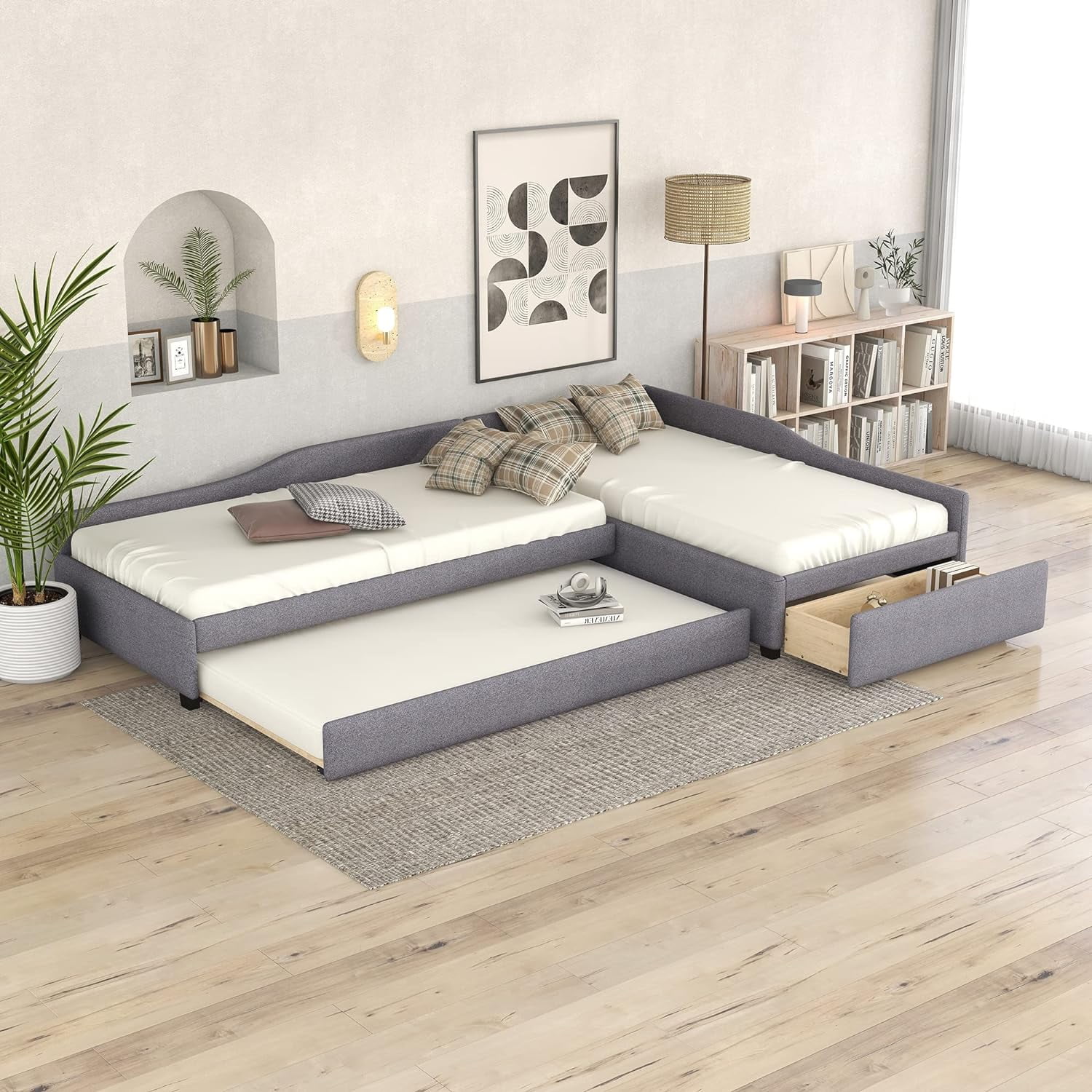 Upholstered Double Size Daybed With Trundle And Drawer, Living Room Sofa Bed, No Box Spring Need (Gray)