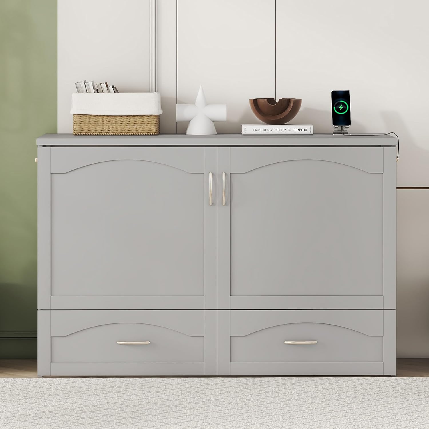 Queen Size Murphy Bed, Pulley Structure Cube Cabinet Platform Bedframe w/Storage Drawers & Sockets - USB Ports, Space-Saving Wall Bed for Guest Room
