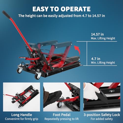 Hydraulic Motorcycle Lift Jack 1500Lb Capacity ATV Scissor Jack with 4.7-14.57in Height Adjustment, Non-Slip Platform & 360° Swivel Casters