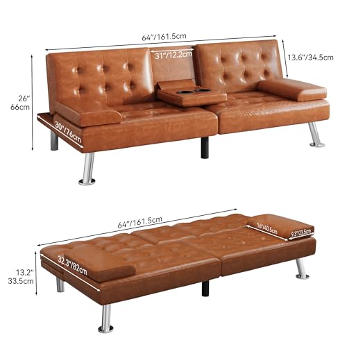 DWVO Futon Sofa Bed, Modern Folding Futon Set, Faux Leather Upholstered Modern Convertible Folding Futon Couch with Removable Armrests