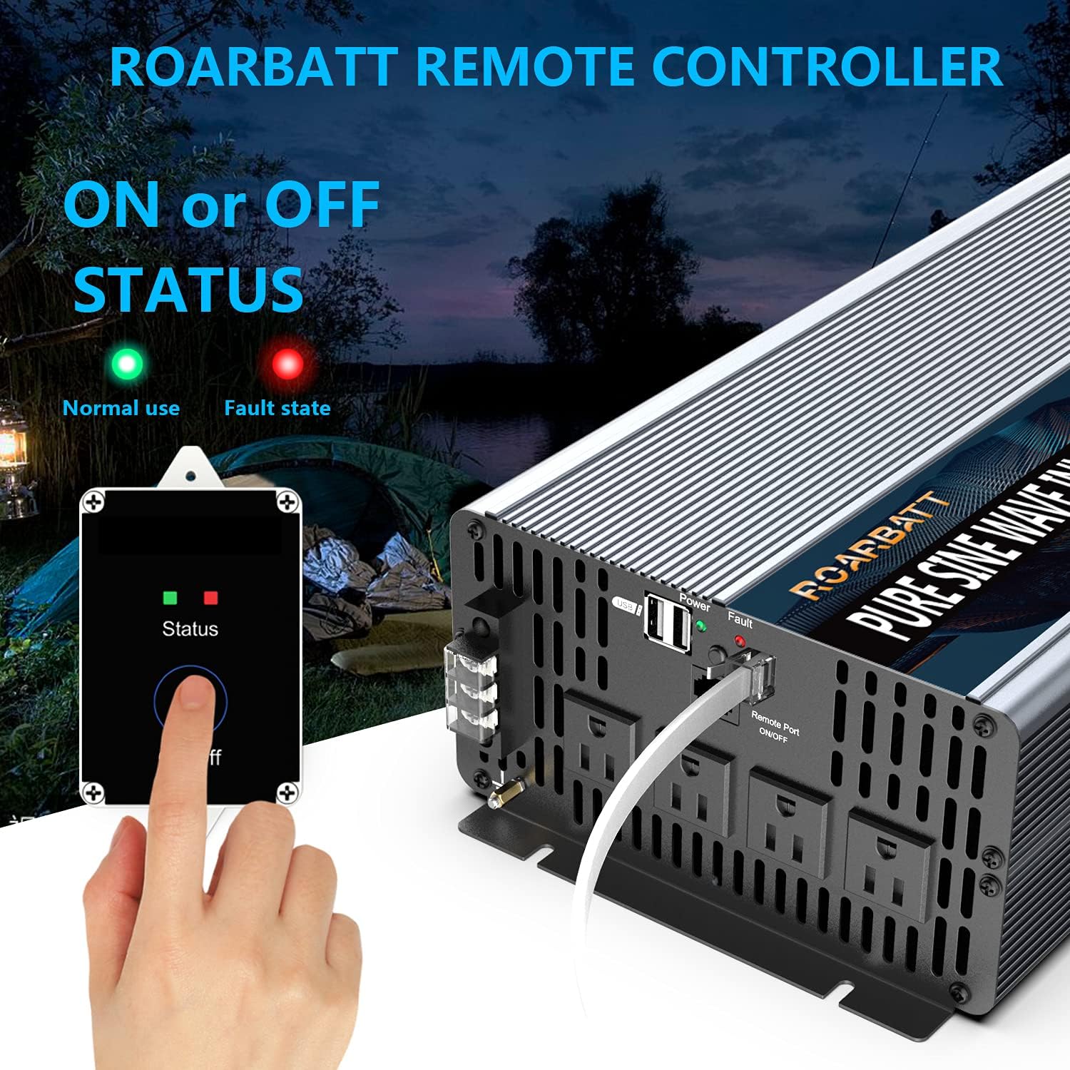 ROARBATT Pure Sine Wave Power Inverter 4000 Watt 12V DC to AC 110V 120V Peak Power 8000 Watt with Remote Control 4 AC Outlets and Dual USB Port for