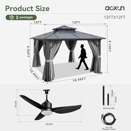 Aoxun 12'x10' Hardtop Gazebo, Aluminum Frame Permanent Pavilion with Curtains and Netting, Outdoor Polycarbonate Double Roof Canopy