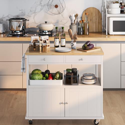 Rolling Kitchen Island with Storage Cabinet, 35.4'' Width Kitchen Cart, 2 Drawers Island Table, Portable Mobile Kitchen Island with Towel Rack