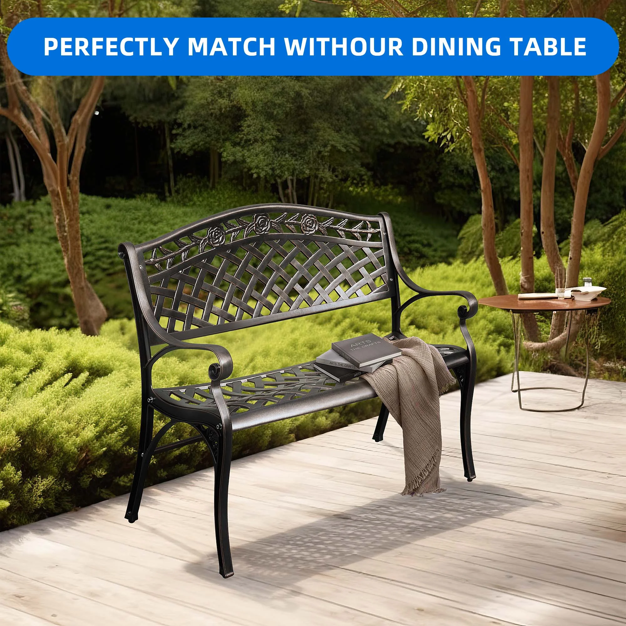 DWVO 39.4" Patio Garden Bench, Anti- Rust Cast Iron Cast Aluminum Frame for Outdoor Garden, Balcony, Backyard, Entryway, Hammered Bronze