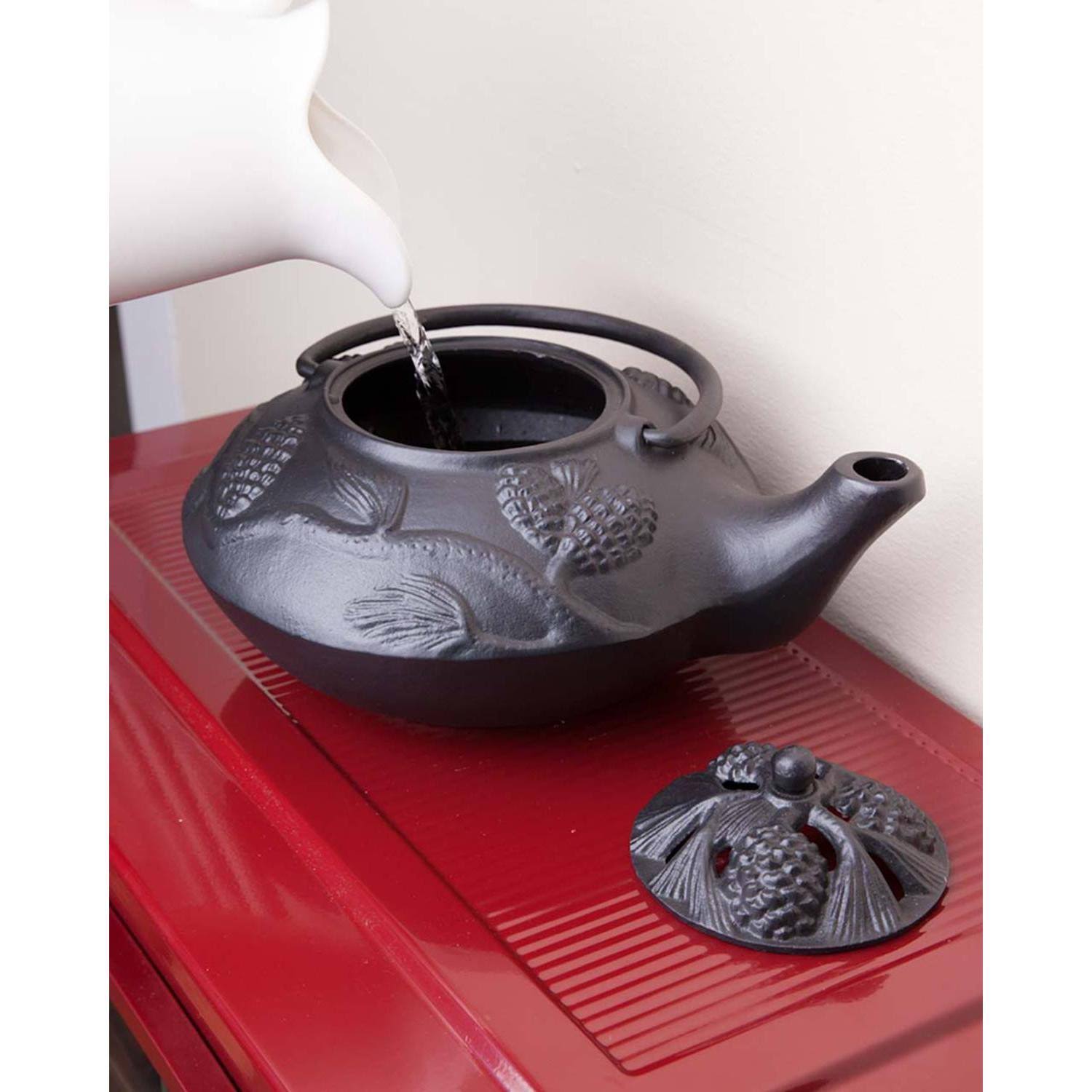 Cast Iron Wood Stove Kettle Steamer with Pine Cone Design, in Black