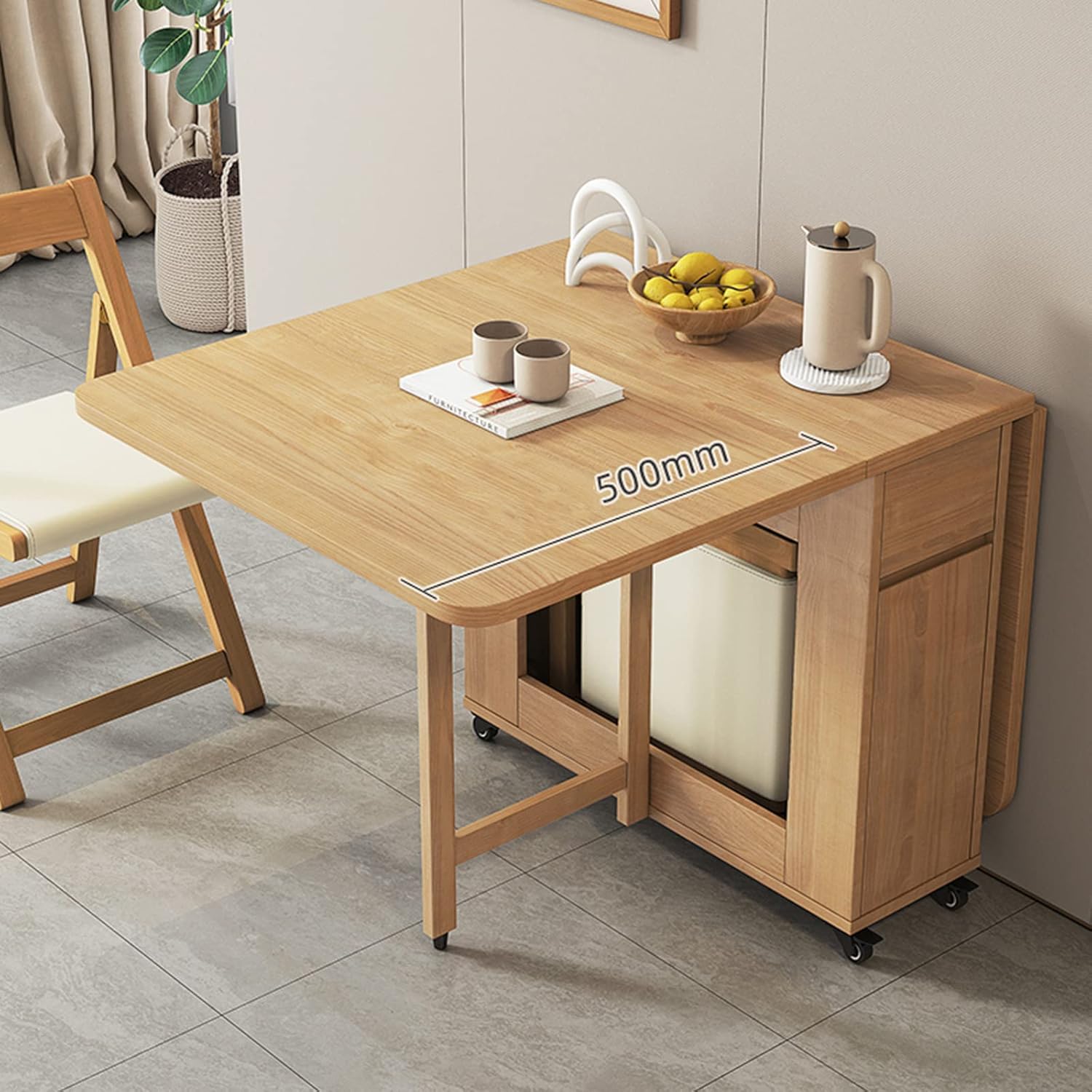 Extendable Dining Table, Solid Wood Drop Leaf Table, Folding Dining Table, Compact Dining Room Table with Storage Drawer