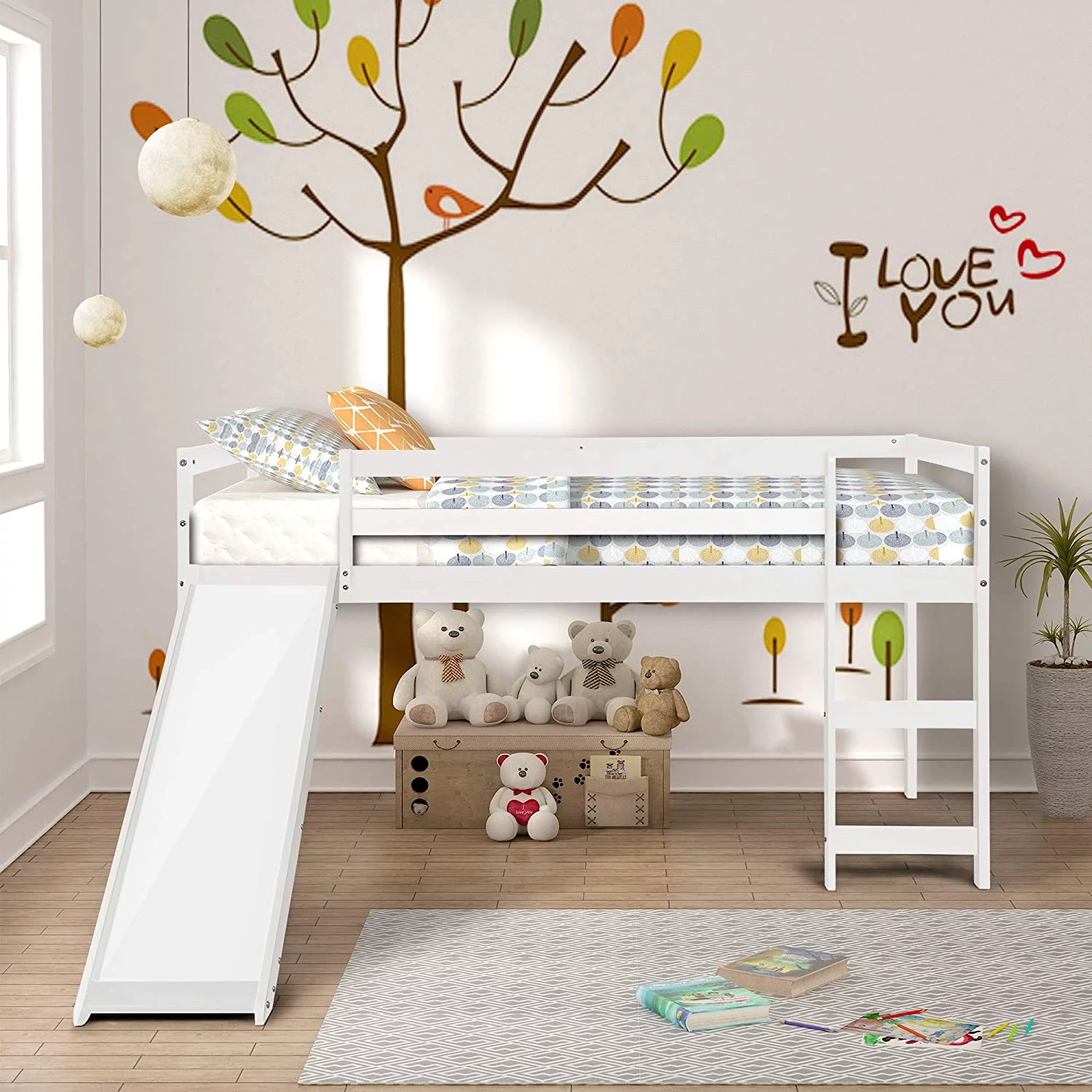 Churanty Wood Loft Bed with Slide for Kids, Low Profile Kids Mini Loft Bed Twin Size with Ladder，White - Radiant Selections
