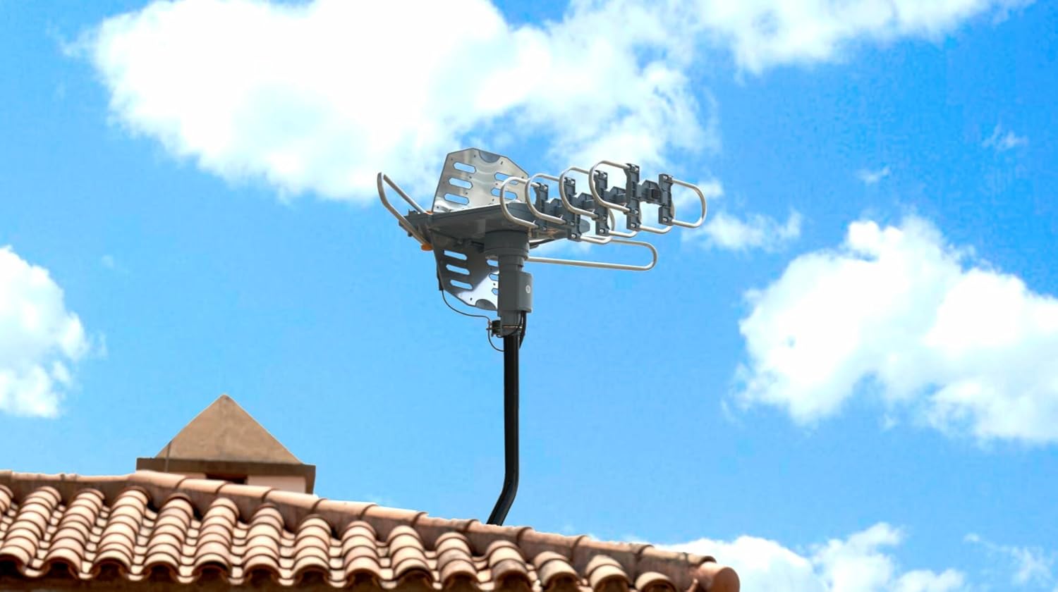 McDuory Outdoor 150 Miles Digital TV Antenna 360 Degree Rotation Amplified HDTV Antenna -Support 2 TVs-UHF/VHF/1080P/4K - Infrared Remote