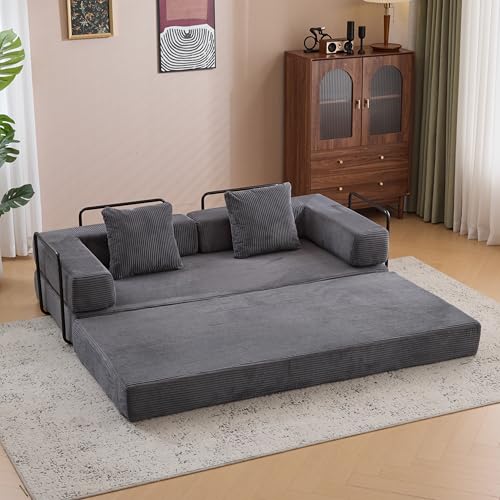 Convertible Sleeper Sofa Bed with Cylindrical Pillow, Corduroy Folding Mattress Couch with Fixed-Shape Frame