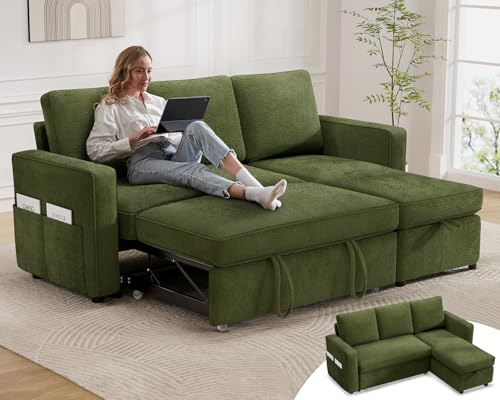 81" Sleeper Sofa Bed with Pull Out Bed, L Shaped Couch Sectional Sleeper Sofa, Pull Out Couch with Reversible Storage Chaise, Side Pockets