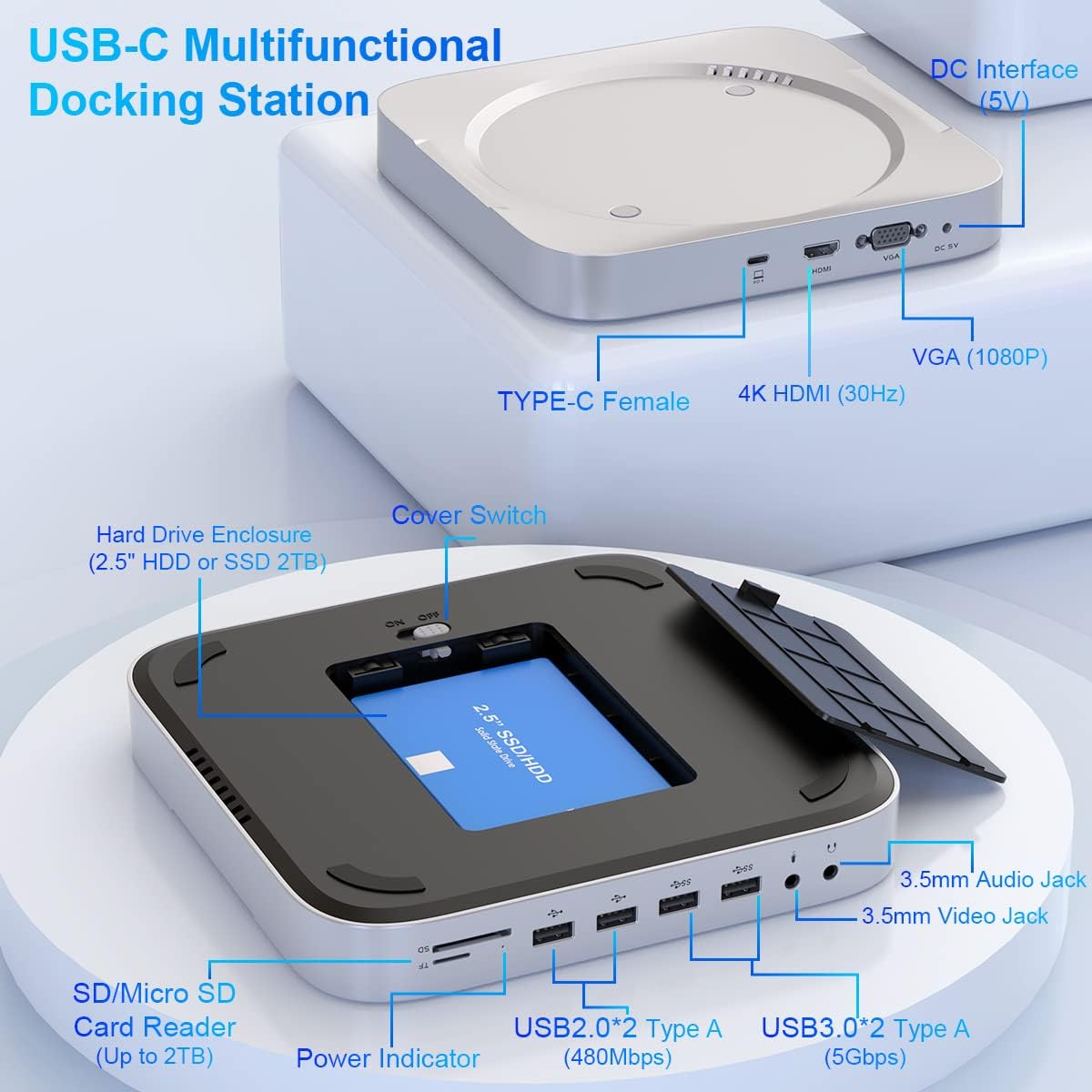 Mac Mini Dock with Hard Drive Enclosure,12 in 1 USB-C Docking Station for Mac Mini M1with HDMI,VGA,SSD/HDD Slot,USB 3.0,USB 2.0,TF/SD Card Solt