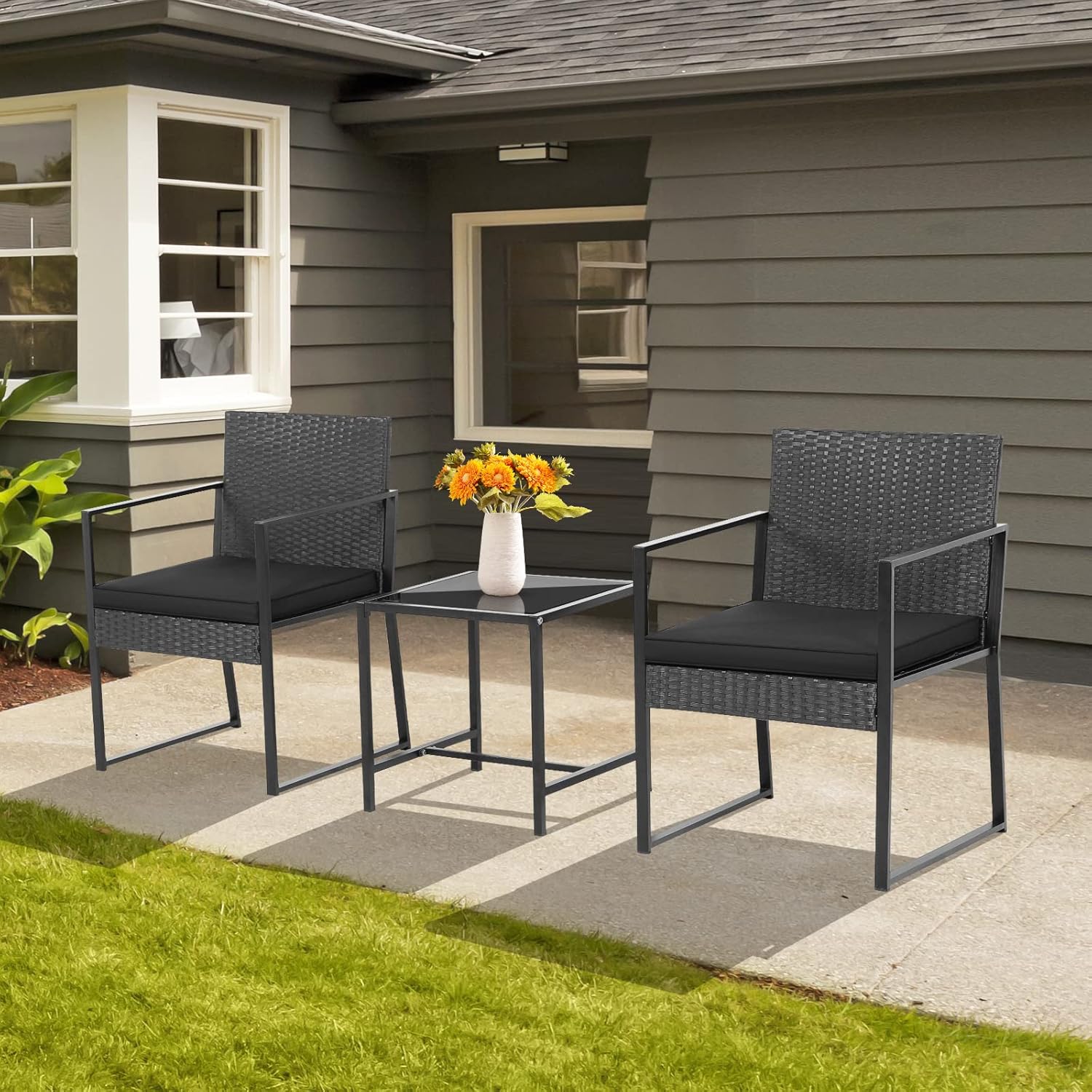 COSTWAY 3pcs Patio Furniture Set Heavy Duty Cushioned Wicker Rattan Chairs Table Outdoor Black
