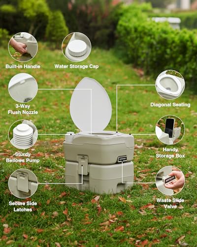 DARTMOOR Portable Toilet, 5.3 gal. RV Toilet for Camping, Outdoor Toilet with Diagonal Seating Storage Box & Built-in Handle