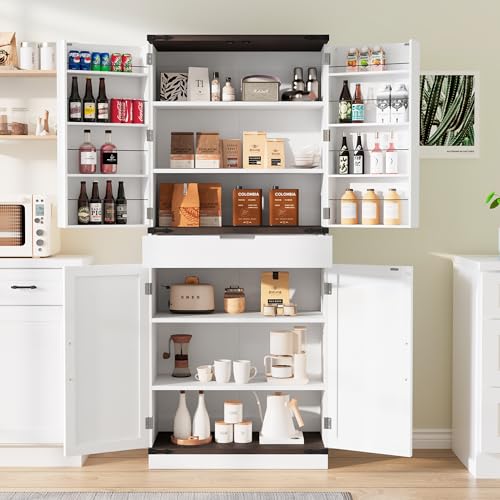72" Tall Storage Cabinet, Kitchen Pantry Cabinet with Adjustable Shelves & Sturdy Steel Frame, Farmhouse Pantry Storage with 4 Barn Doors for Kitchen