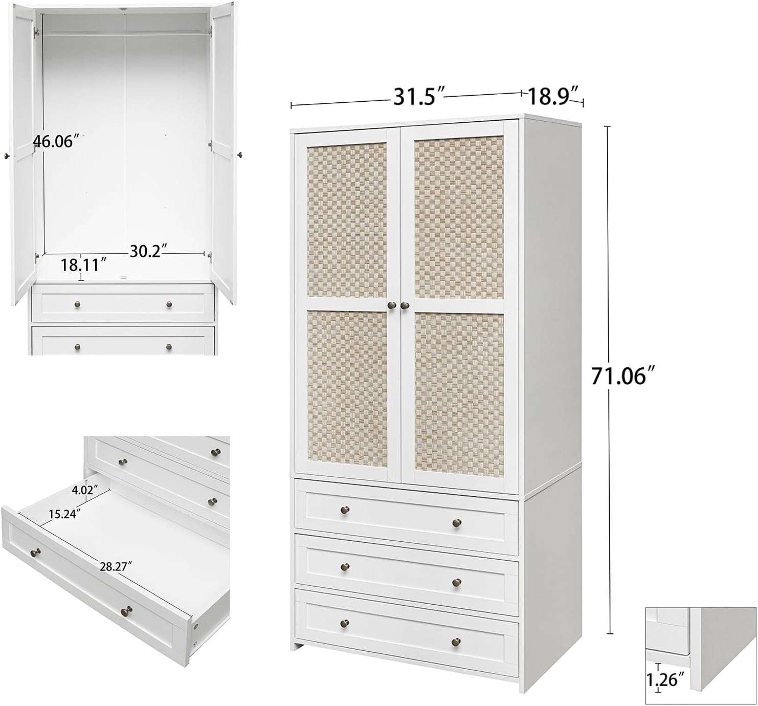 Bedroom Armoire Wardrobe Closet with Rattan Door, Bedroom Armoire Cabinet with Hanging Rod and 3 Drawer