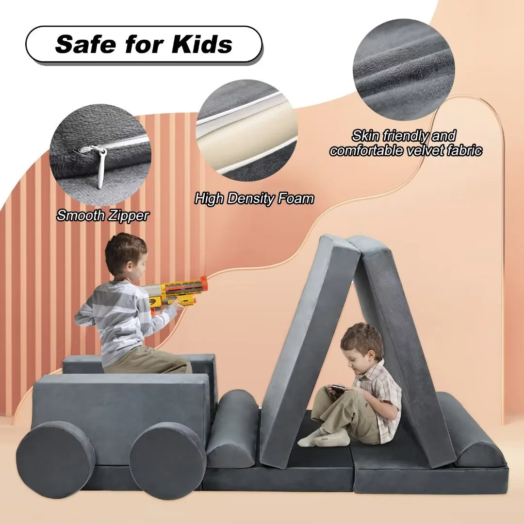 Docred Play Couch for Kids Imaginative Furniture, 10pcs Modular Sectional Kids Couch for Toddlers,Gray