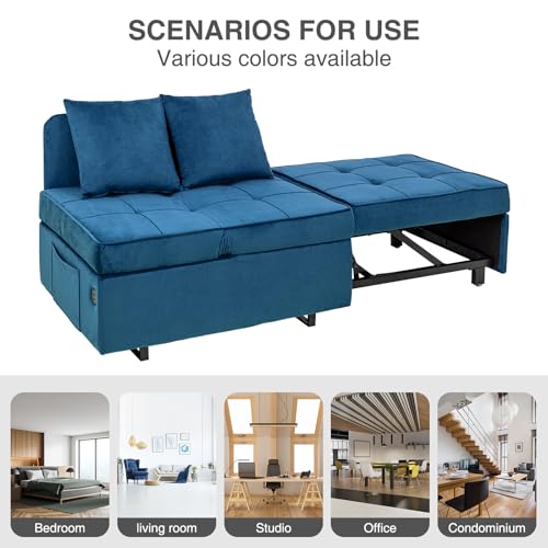 Sofa Bed 4-in-1 Convertible Pull Out Couch, Velvet Love seat Couch Sleeper Chair Bed with 2 Throw Pillow