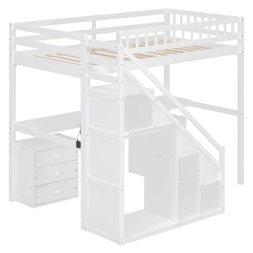 Modern Full Size Gaming Loft Bed with Built-in Desk and Storage Wardrobe, Wood Loft Bed Frame with Light Strip and 2 Drawers