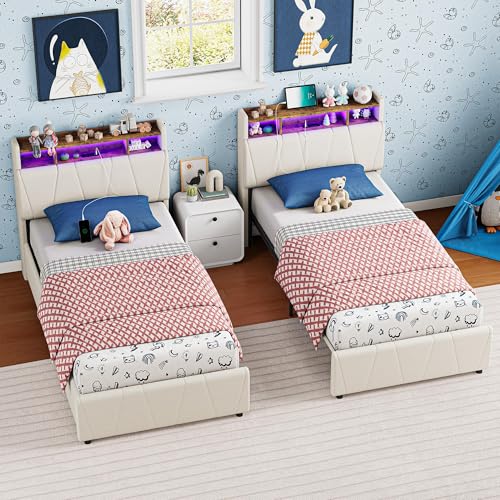 LIKIMIO Twin Bed Frame with 2 Storage Drawers, Charging Station & LED Lights, Upholstered Platform Twin Bed with Storage Headboard