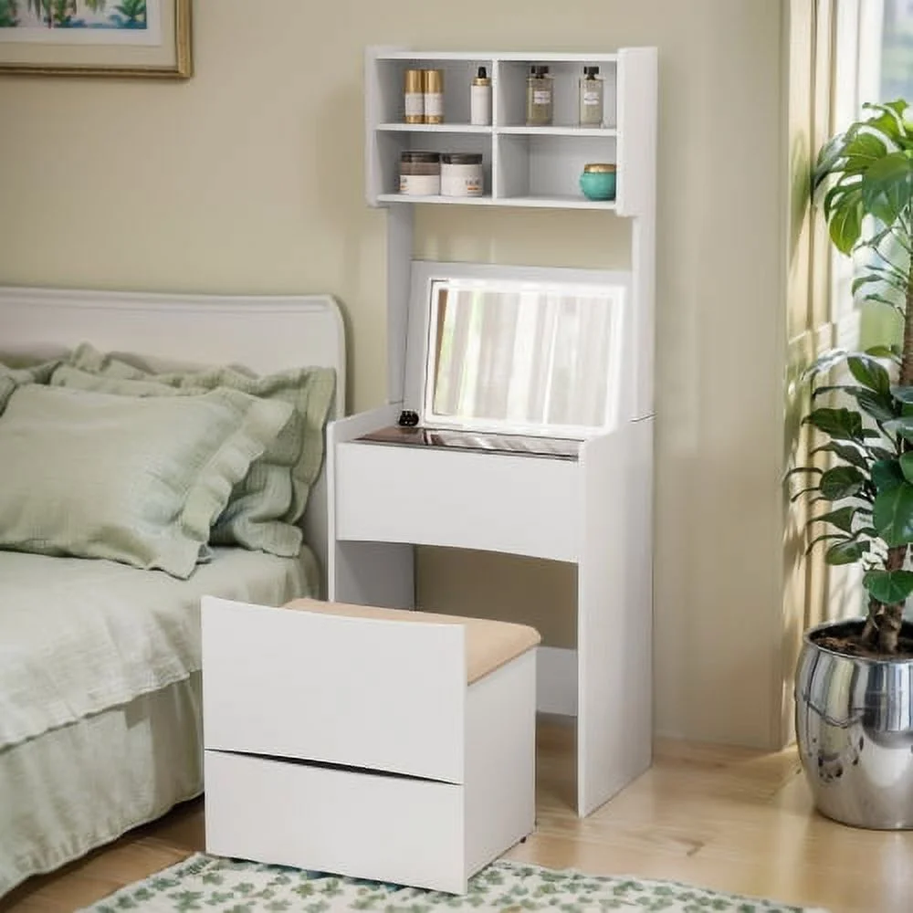 Compact Vanity Desk Set with Flip Top Mirror, LED Light, Makeup Vanity Table with Drawers for Small Space