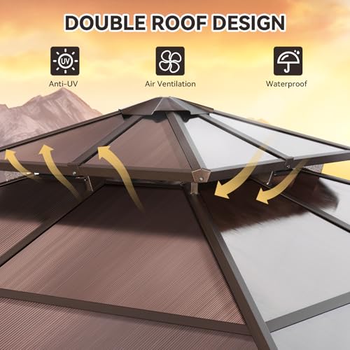 Aoxun 12'x16' Hardtop Gazebo, Aluminum Frame Permanent Pavilion with Netting and Curtains, Outdoor Polycarbonate Double Roof Canopy