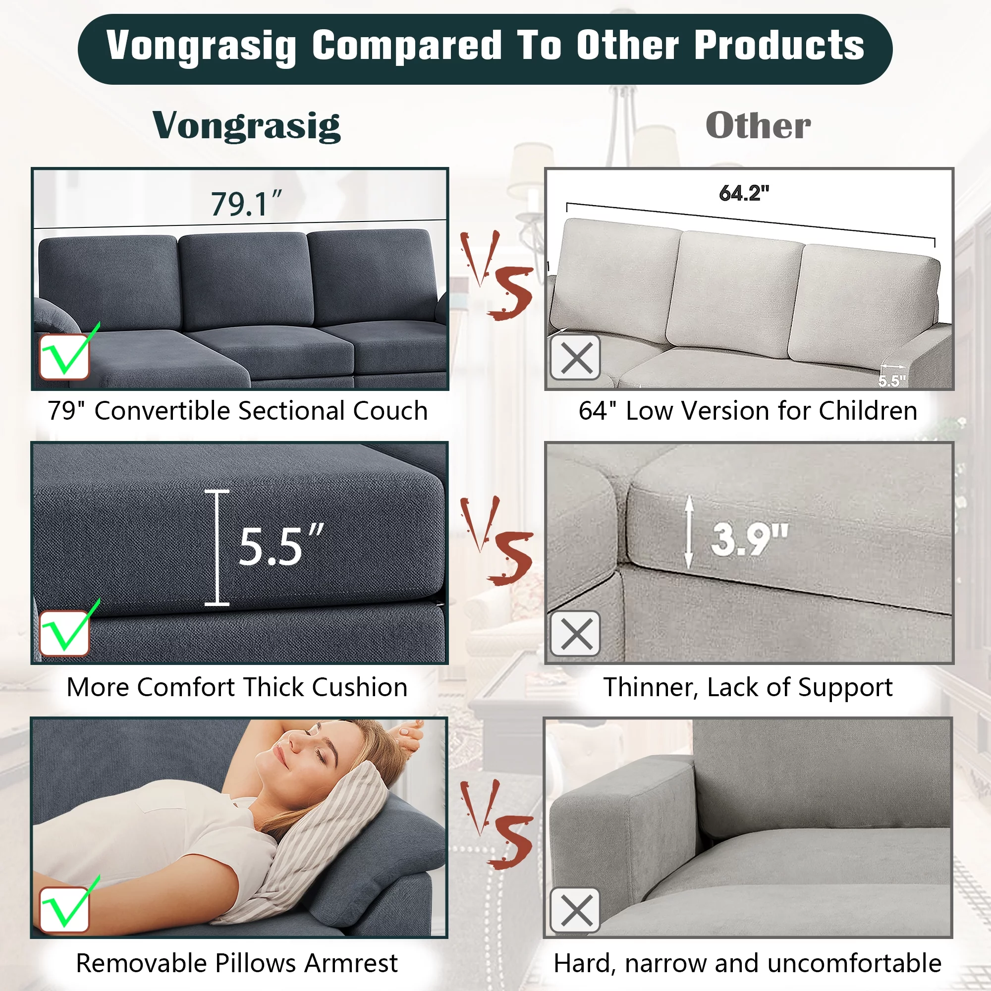 Walsunny 79 Convertible Sectional Sofa Couch,Linen Fabric L Shaped Sofa with Removable Pillows Dark Gray