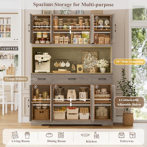 HOSTACK 71" Tall Kitchen Pantry Storage Cabinet with Charging Station, 55" Wide Kitchen Hutch Cabinet with Large Countertop
