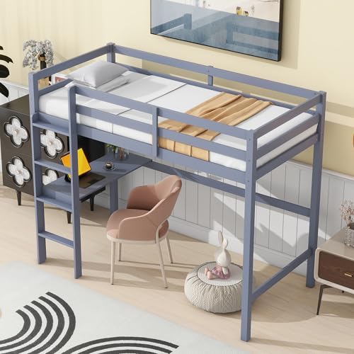 Low Loft Bed Twin Size, Kids Solid Wood Modern Loft Bed Frame with Ladder and Safety Guardrail for Girls Boys, Noise-Free,Non-Toxic Finishes