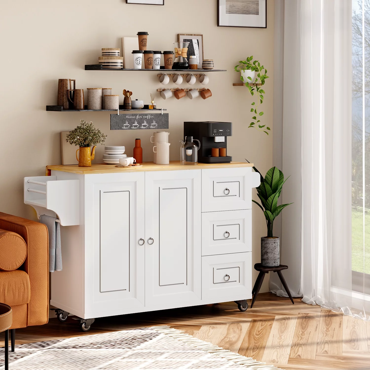 Lofka 42" Kitchen Island with Storage, Kitchen Island on Wheel with Wood Drop Leaf Tabletop,White