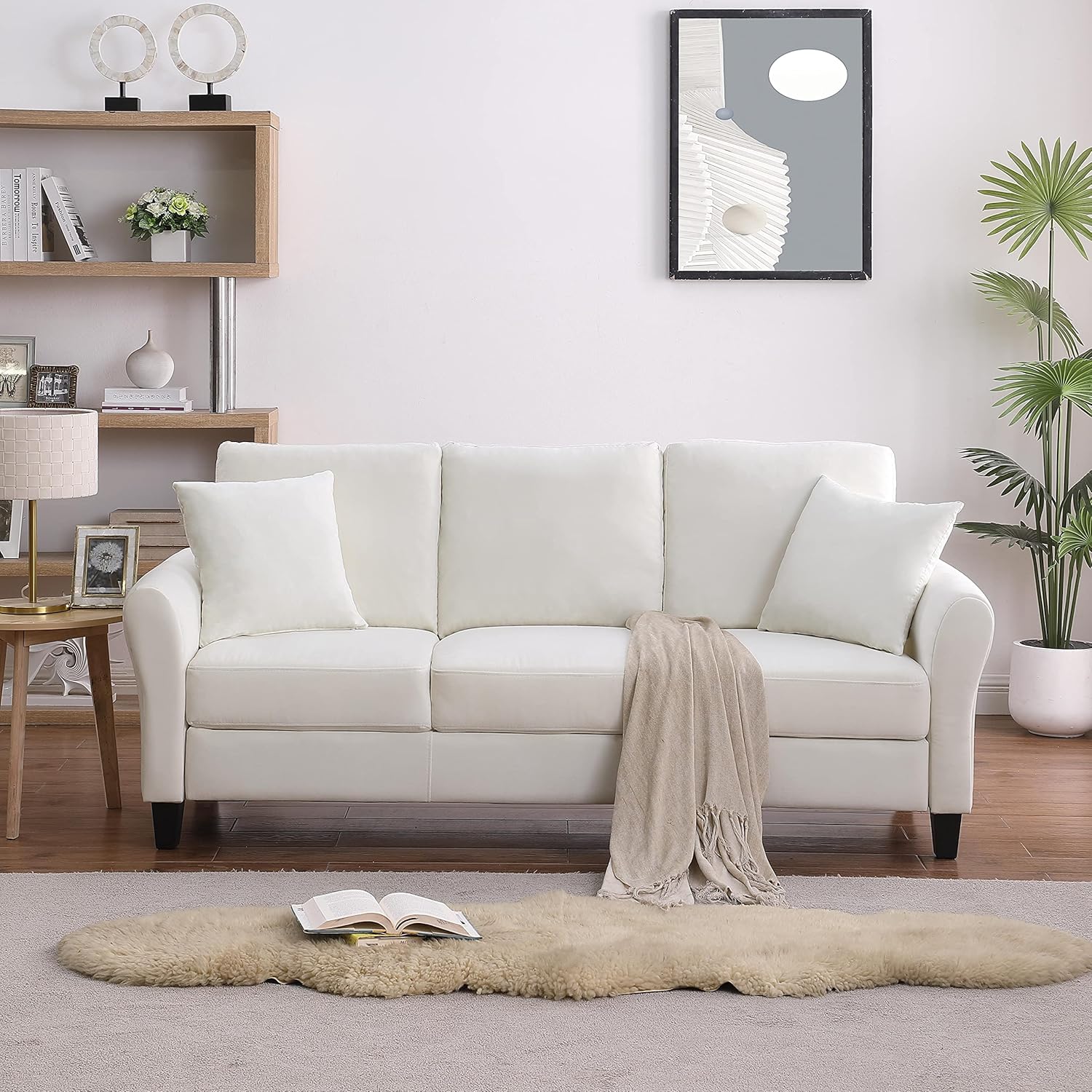 Modern Velvet Couch with 2 Pillow, 78 Inch Width Living Room Furniture, 3 Seater Sofa with Plastic Legs (White)