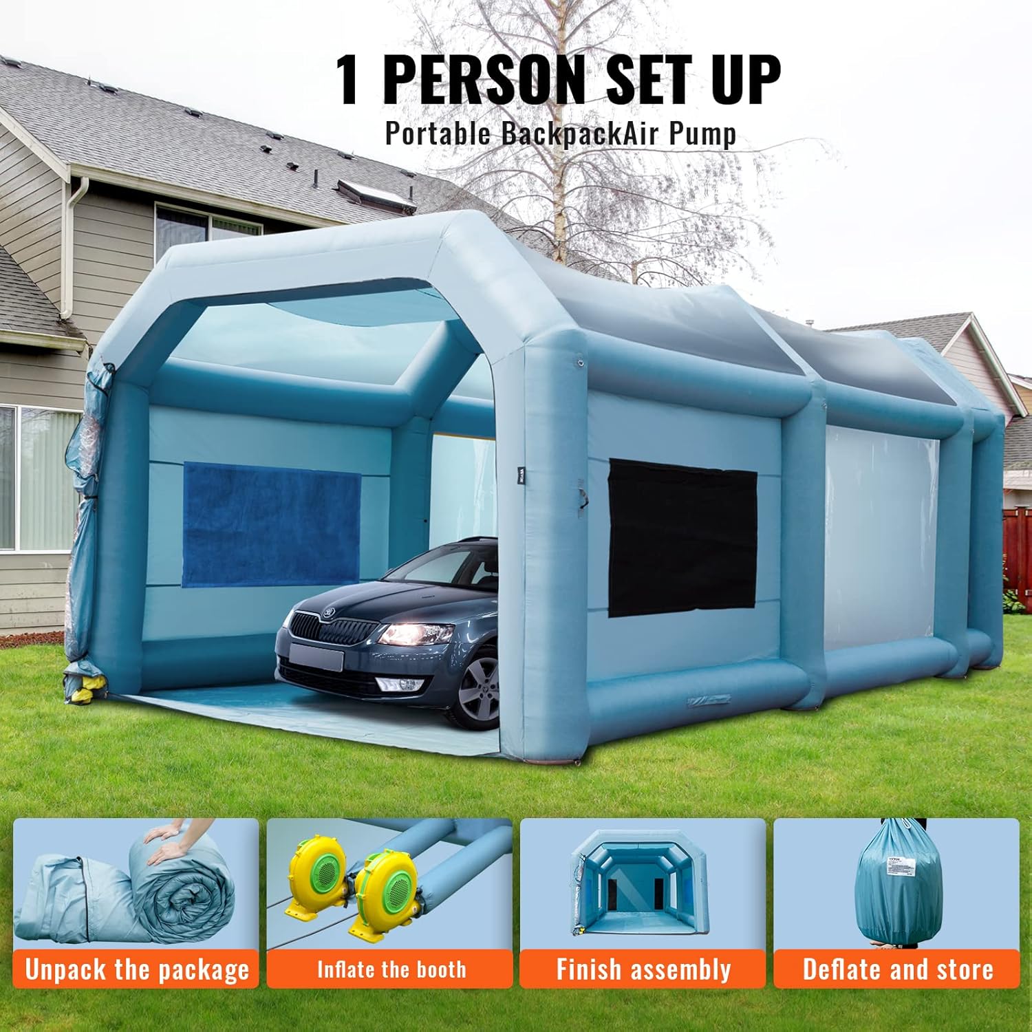 VEVOR 28x16x11ft Inflatable Paint Booth, Inflatable Spray Booth, High Powerful 750W+950W Blowers Spray Booth Tent
