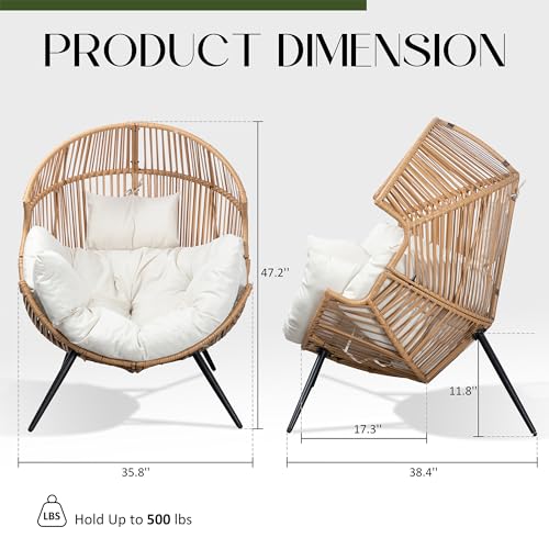 JAMFLY Egg Chair Wicker Outdoor Chairs, Oversized Patio Chair Oversized Lounger Chair with Cushion for Indoor Living Room, Bedroom