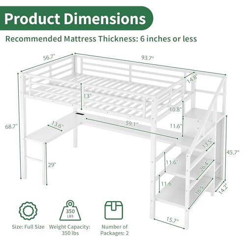 Queen Size Metal Loft Bed with L Shaped Desk and Wardrobe, Heavy Duty Loft Bed Frame with Storage Stairs, High Loft Bed Frame with LED