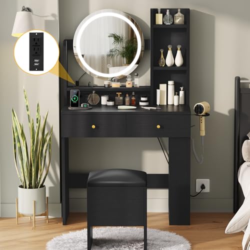DWVO Vanity Desk with Mirror and Lights, Makeup Vanity Table Set with Power Outlets and Chair, 3 Lighting Colors
