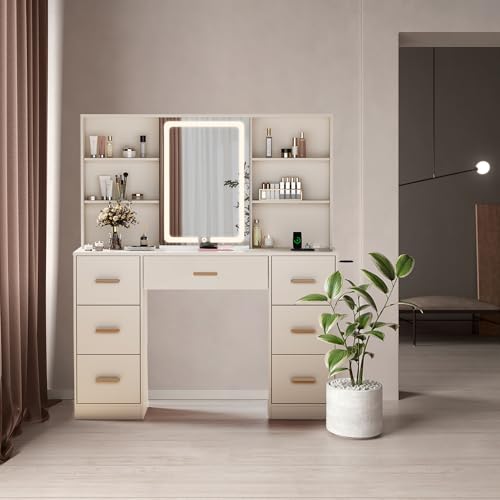 47'' Large Vanity Desk with Mirror and Lights, 7 Drawers, 8 Storage Shelves Vanity Table, Big Makeup Vanity Desk with 3 LED Lighting Modes