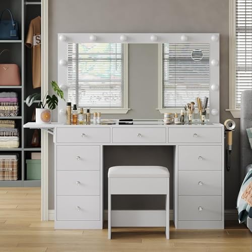 Vanity Desk with Power Outlet, 9 Drawers Makeup Vanity with Mirror and 12 LED Lights, 3 Lighting Modes, Glass Top Vanity Set, Fold-up Panel