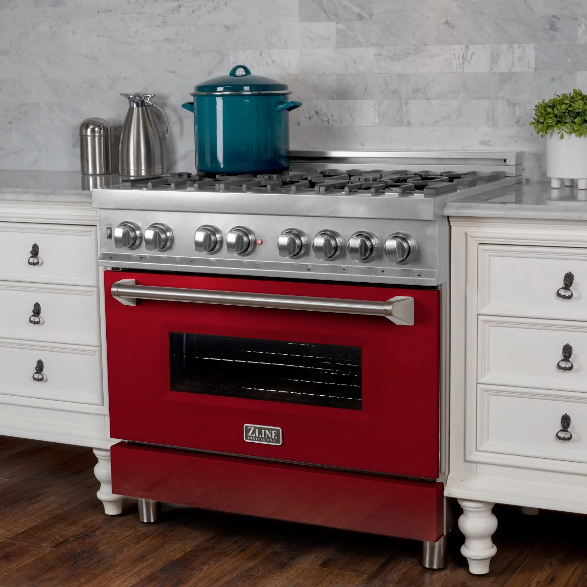 ZLINE 36 in. Professional Dual Fuel Range in Snow Stainless with Red Gloss Door (RAS-RG-36)