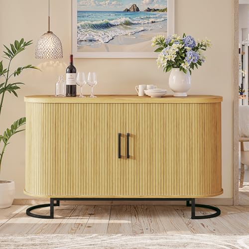 Sideboard Buffet Cabinet with Storage, 54.3" Fluted Tambour, Adjustable Shelves, Mid Century Modern Console for Living Room Kitchen Walnut