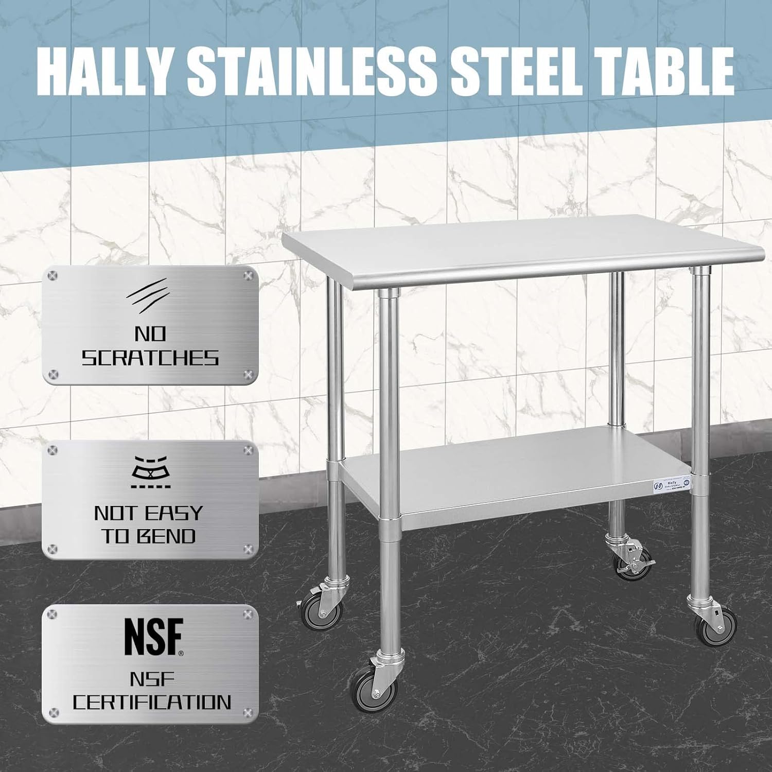 Hally Stainless Steel Table for Prep & Work 24 x 36 Inches with Caster Wheels