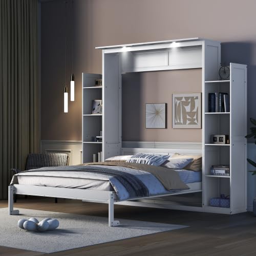 Queen Size Murphy Bed with Desk & Charging Station,Wall Bed Frame Folding into Cabinet Design w/LED & Storage Shelf for Small Space,Bedroom