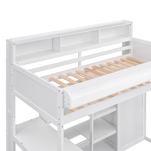 Twin Size Loft Bed with Desk, Multiple Storage Shelves and Wardrobe