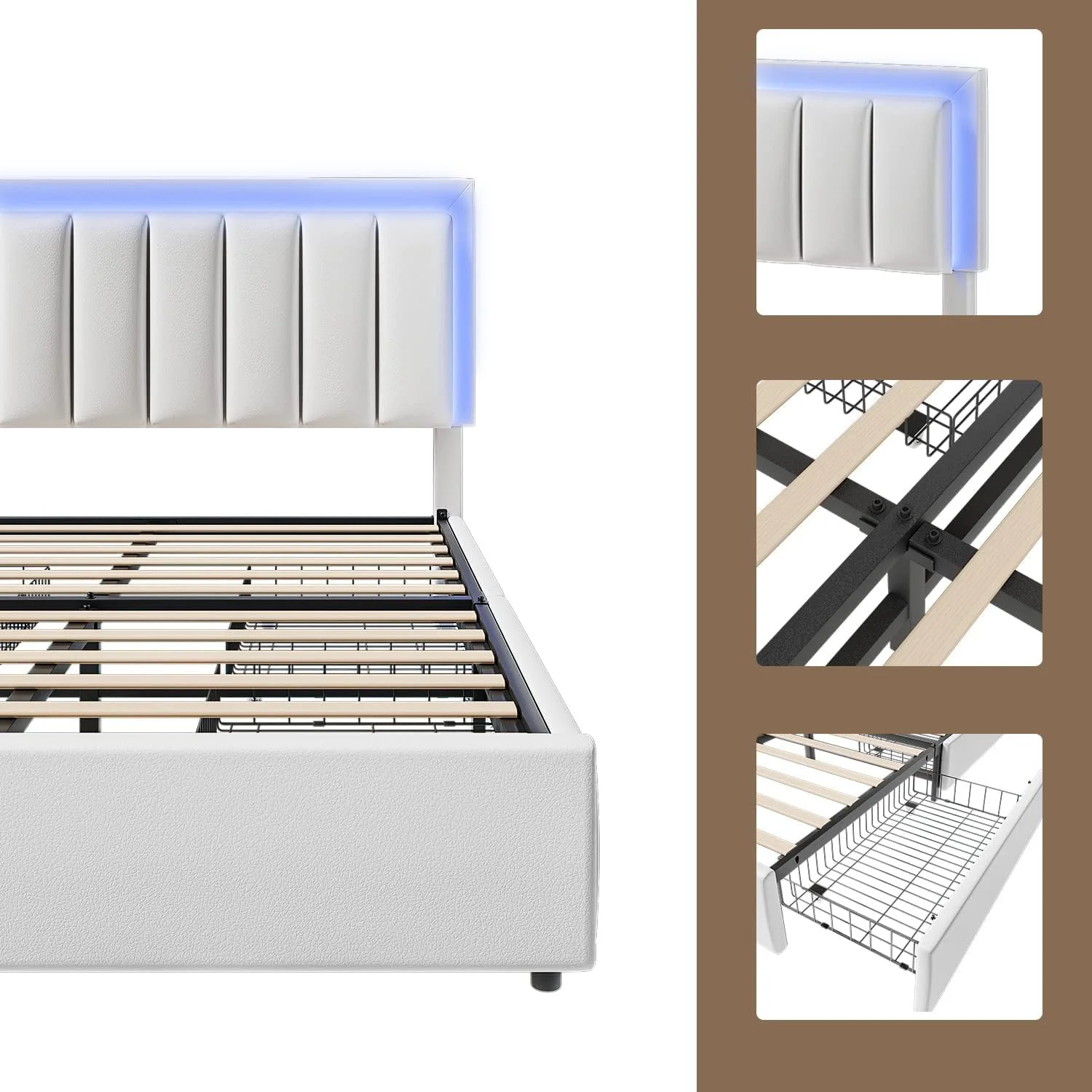 Queen Size Bed Frame with Smart LED Lights Headboard & 4 Drawers, Upholstered Bed Frame Queen with Storage, Modern Faux Leather White Bed Frame