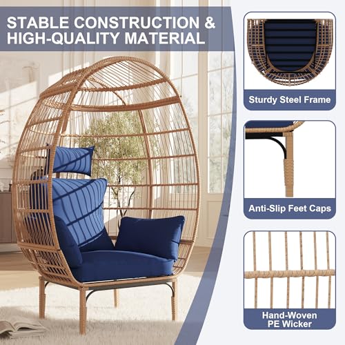 500 Lbs Capacity Oversized Wicker Egg Chair, All-Weather Rattan Egg Lounge Chairs for Patio, Backyard, Living Room