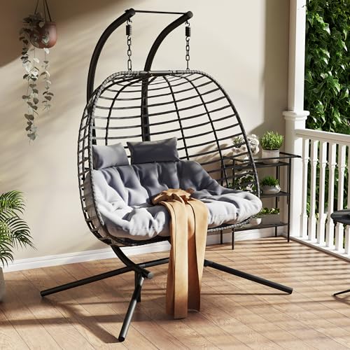 HWB Hanging Egg Chair with Stand, Patio Wicker Hammock Egg Swing Chair with Cushion for Bedroom Garden Indoor Outdoor (Beige)