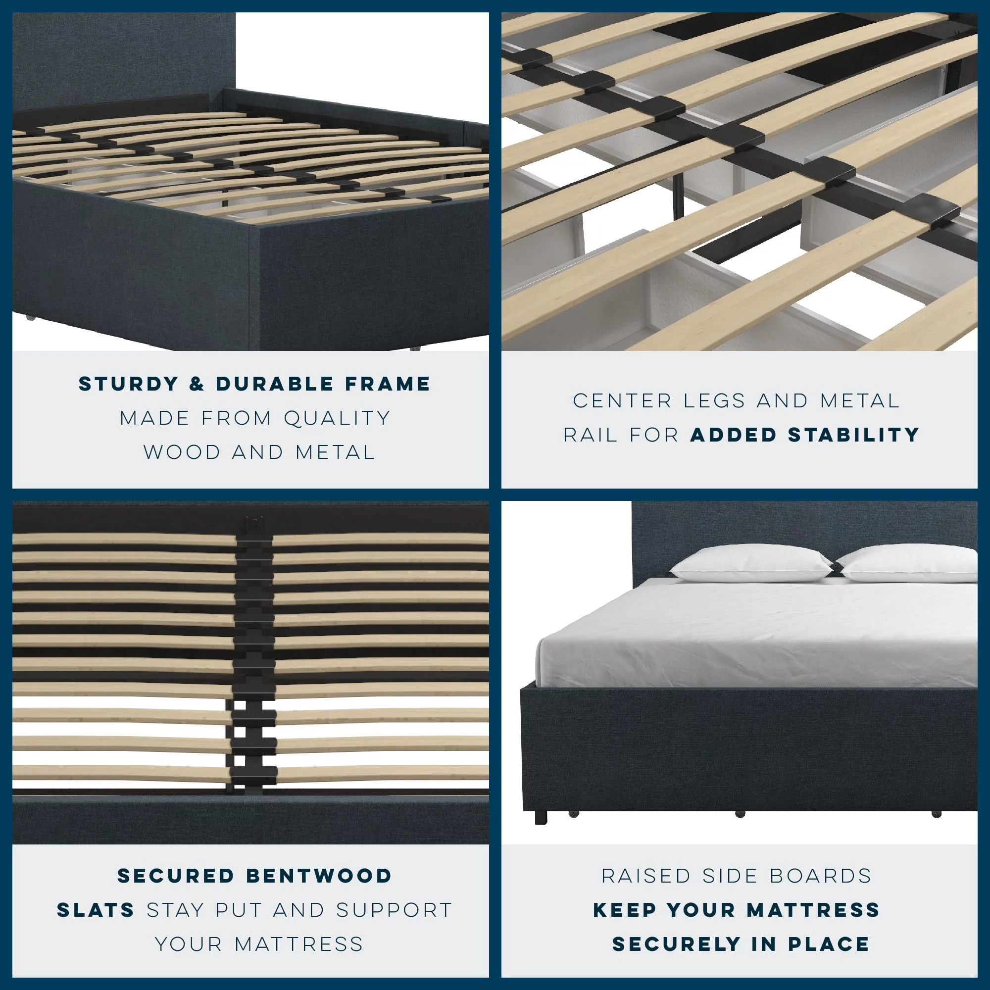 Novogratz Kelly Upholstered Storage Bed Frame, Full, Navy Blue Linen