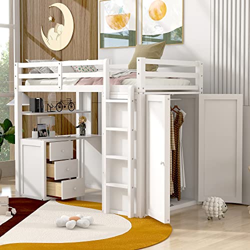 Harper & Bright Designs Full Size Loft Bed with Desk and Wardrobe, Solid Wood Loft Bed Frame with Storage Drawers, for Kids Teens Adults (White)