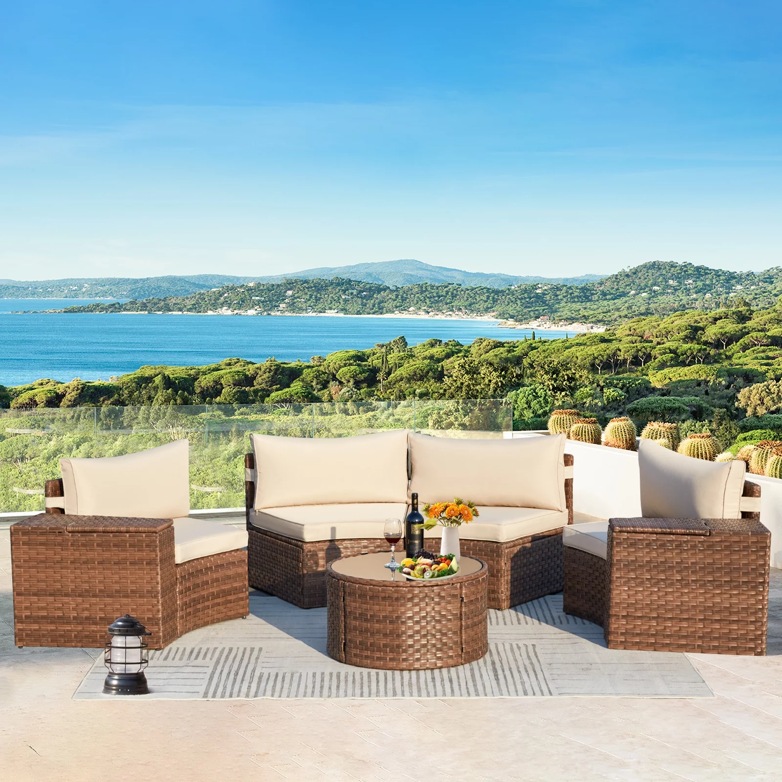 AVAWING 7-Piece Half Moon Patio Set, Wicker Sectional Sofa, Glass Table, Waterproof Covers (Beige)